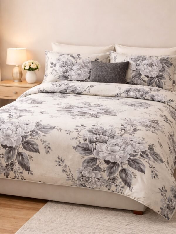 Grey floral double bed bedsheet styled on modern bedroom bed with botanical floral print and matching pillow covers.