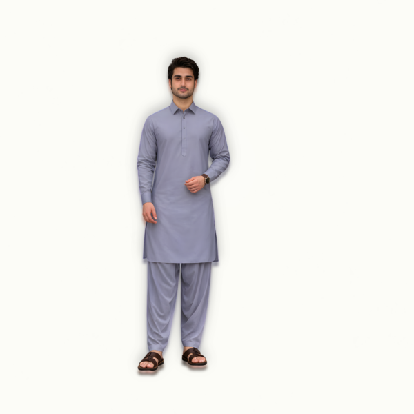 Model wearing lavender grey mens unstitched suit shalwar kameez