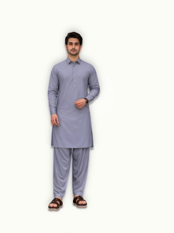 Model wearing lavender grey mens unstitched suit shalwar kameez