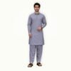 Model wearing lavender grey mens unstitched suit shalwar kameez