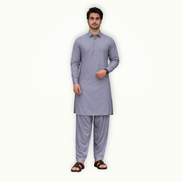 Model wearing lavender grey mens unstitched suit shalwar kameez