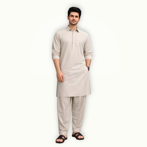 Model wearing light grey mens unstitched wash and wear suit