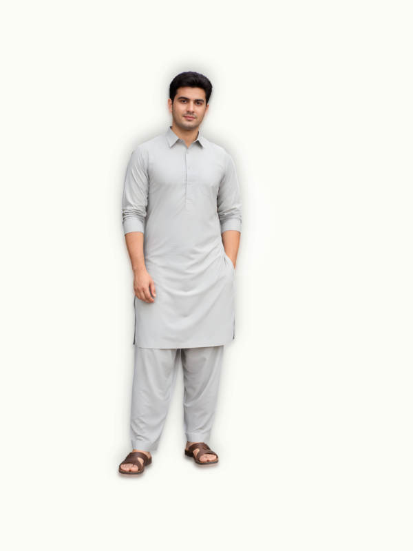 Model wearing light grey mens unstitched wash and wear suit