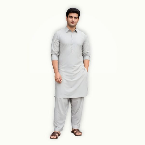 Model wearing beige mens unstitched suit wash and wear