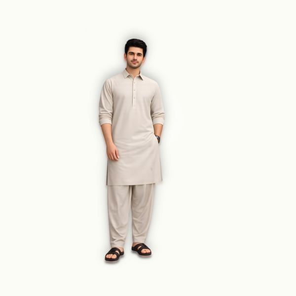 Model wearing beige mens unstitched suit wash and wear