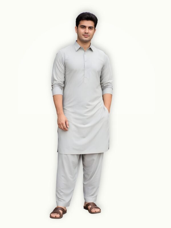 Model wearing beige mens unstitched suit wash and wear