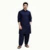 Model wearing shalwar kameez mens navy blue unstitched suit