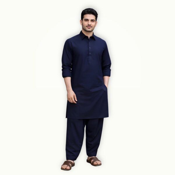 Model wearing shalwar kameez mens navy blue unstitched suit