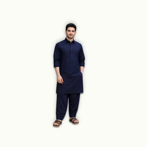 Model wearing shalwar kameez mens navy blue unstitched suit