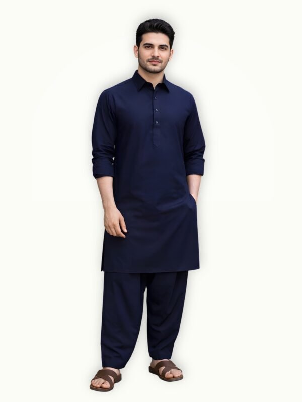 Model Wearing mens navy blue unstitched suit Model wearing shalwar kameez mens navy blue unstitched suit