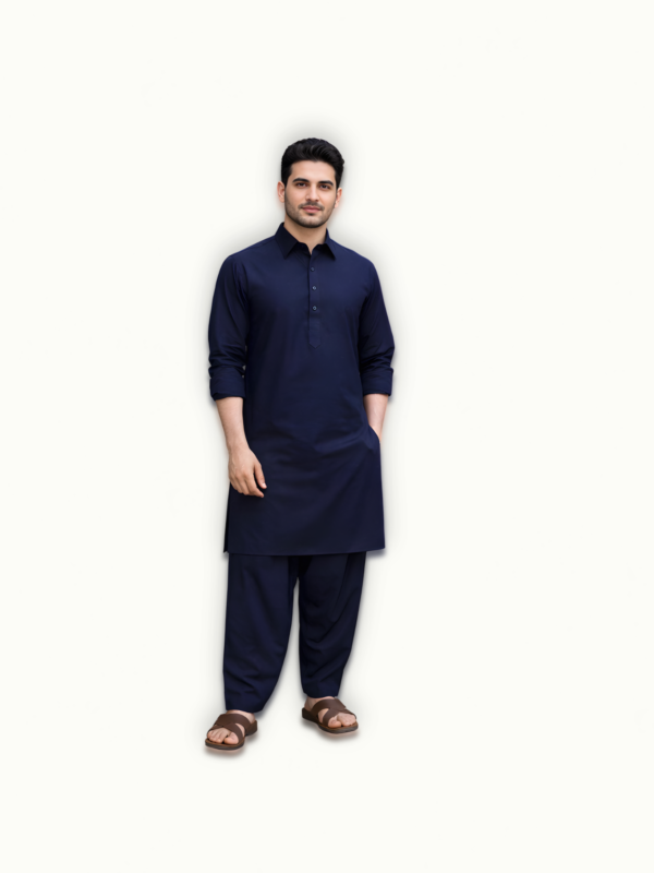 Model wearing shalwar kameez mens navy blue unstitched suit